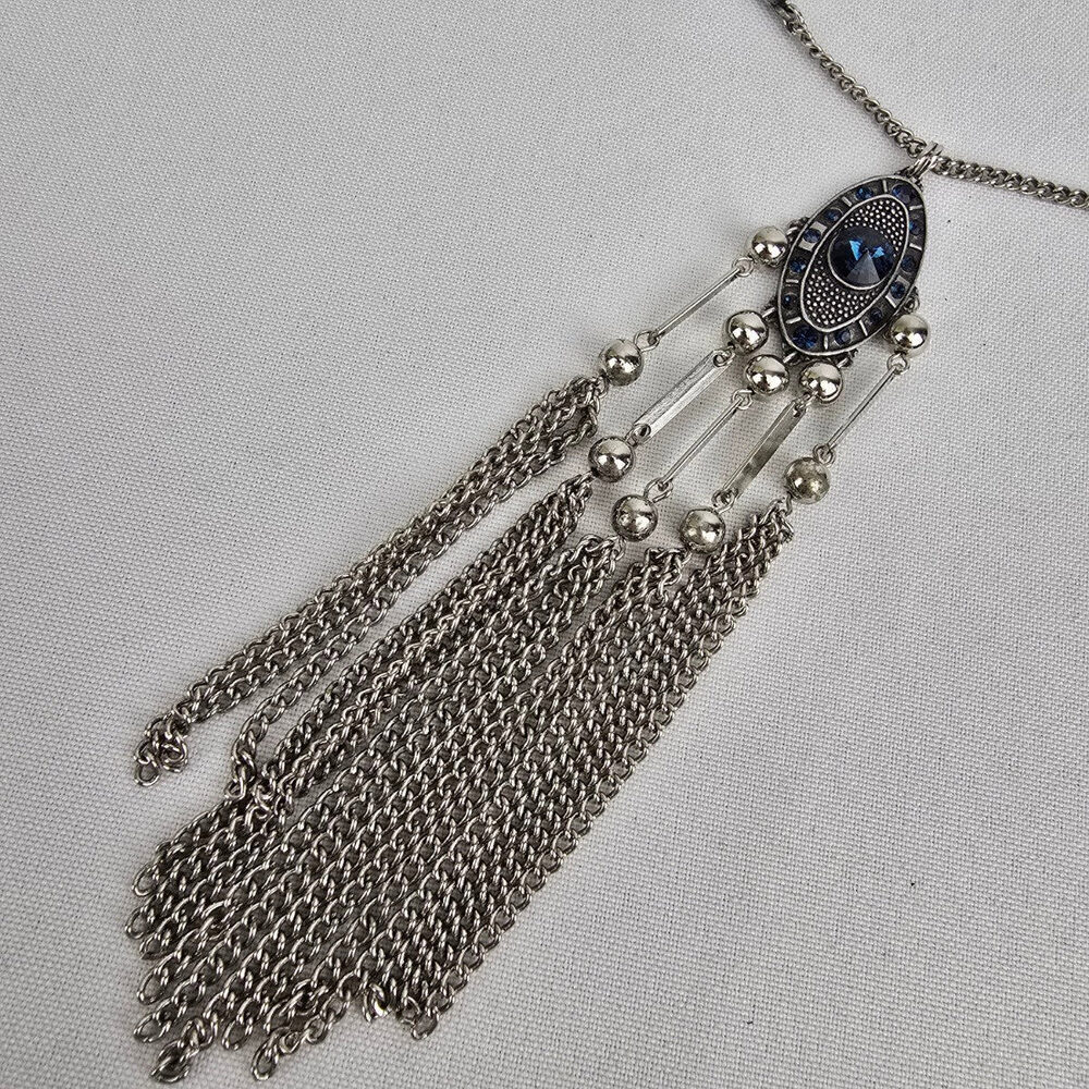 Silver & Blue Rhinestone Fringe Necklace - Picture 3 of 8